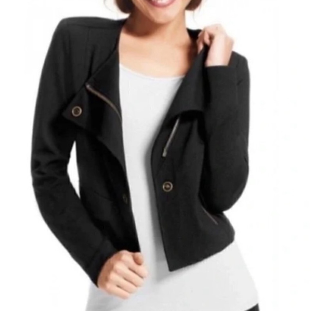 CAbi Moto Jacket Womens Small Black Cropped Ponte Knit Zip Snap Asymmetrical